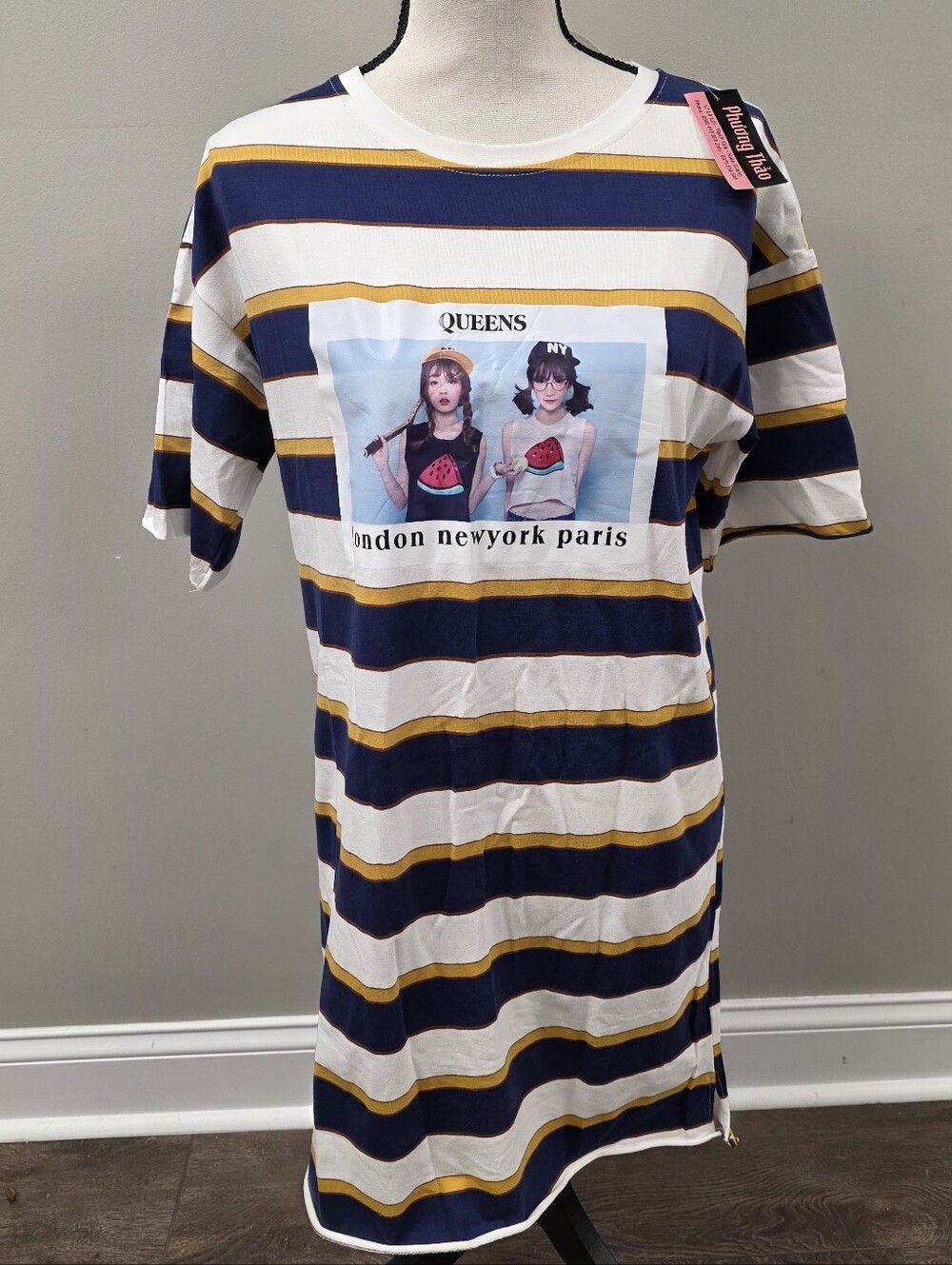 Striped Navy, White & Mustard Graphic Tee Dress New York See Listing For Size